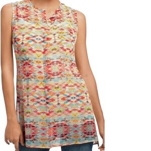 EUC CAbi Geometric Watercolor Print Semi-Sheer “Avery” Blouse (V)